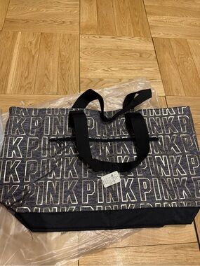PINK Logo Tote Bag in Navy and White